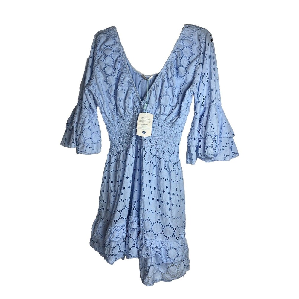 Cottage Core Italy Eyelet Sky Blue Fit Flare Butterfly Sleeve Dress Small